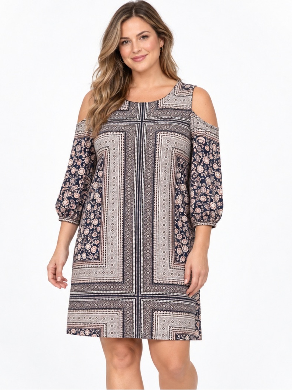 AUW Navy Pink Paisley Floral Stripe Cold Shoulder Shift Dress Size 12